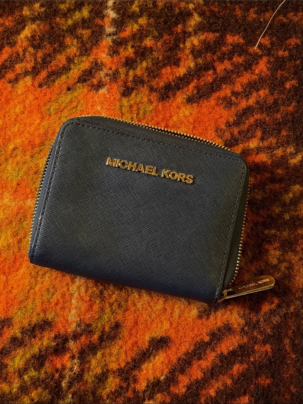 Michael Kors Navy Saffiano Zip Wallet with Gold Hardware